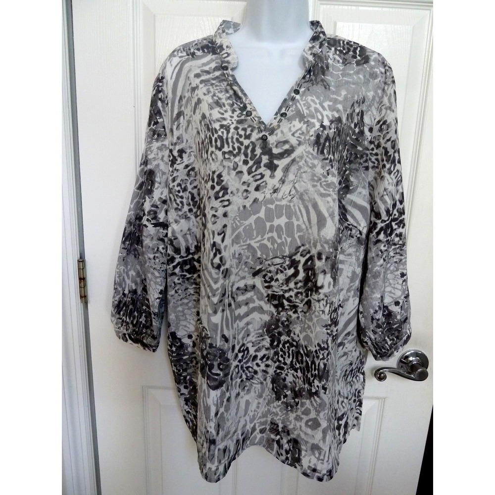 Alfred Dunner 20W Textured Crepe Balloon Sleeve Beaded Blouse Gray White Tunic